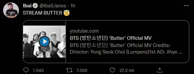 Tweet de Ibai para el stream de "Butter" de BTS. Foto: captura Twitter.