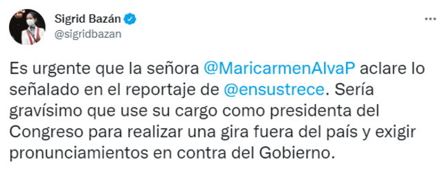 Tuit de Guillermo Bermejo sobre María del Carmen Alva. Foto: captura