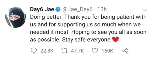 Mensaje publicado en la cuenta de Twitter de Jae de Day6, agradeciendo al fandom   My Day por el apoyo. Captura 16 de mayo, 2020.