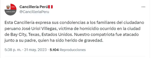 La Cancillería de Perú se comunicó con los familiares de José Uriol. Foto: captura/@CancilleriaPeru/Twitter   