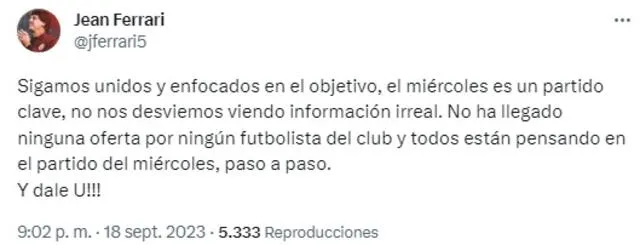 Publicación de Jean Ferrari sobre Universitario. <strong>Foto: captura de Twitter</strong>   