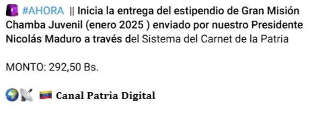 Anuncio del Bono Chamba Juvenil de enero 2025. Foto: Canal Patria Digital   