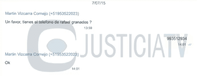 Chat en el que Vizcarra le pide a José Hernández el número de Rafael Granados, representante de ICCGSA.   