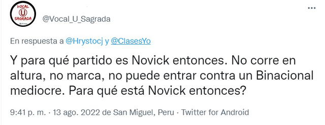 Hinchas se quejan sobre la ausencia de Novick. Foto: captura Twitter