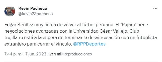  César Vallejo estaría cerca de cerrar el fichaje de un exjugador de Alianza Lima. Foto: captura de Twitter   