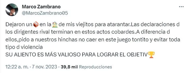 Publicación de Marco Zambrano, hermano del defensor de Alianza Lima. <strong>Foto: captura de 'X'</strong>   