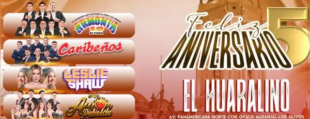Caribeños de Guadalupe, Leslie Shaw, Armonía 10 y Amor Rebelde se juntarán en El Huaralino Internacional. Caribeños de Guadalupe, Leslie Shaw, Armonía 10 y Amor Rebelde se juntarán en El Huaralino Internacional.