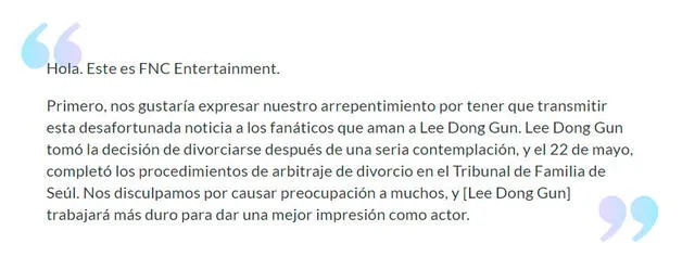 Comunicado de la agencia dw Lee Dong Gun , FNC Entertainment, confirmando su divorcio. 28 de mayo, 2020. Captura SOOMPI.