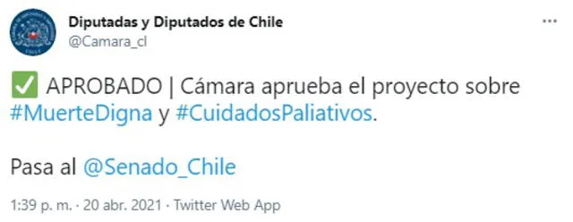 El proyecto sobre la eutanasia ahora pasa al Senado de Chile. Foto: captura de Twitter