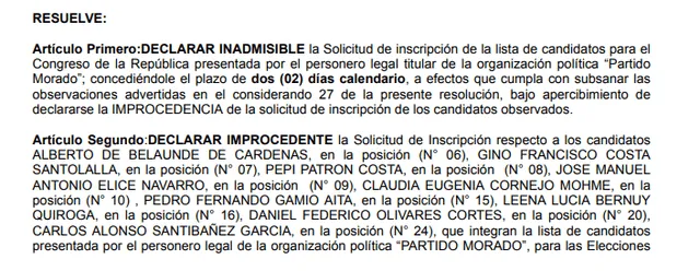 Declaran inadmisible lista de candidatos de Partido Morado.