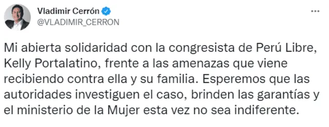 Vladimir Cerrón también se pronunció sobre amenaza contra Kelly Portalatino. Foto: captura de Twitter