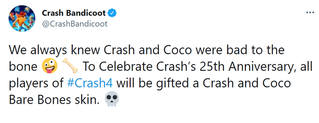 Anuncio del lanzamiento de las nuevas skins para Coco y Crash. Foto: Twitter / @CrashBandicoot