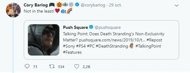 Cory Balrog: "La no exclusividad de Death Stranding no importa".