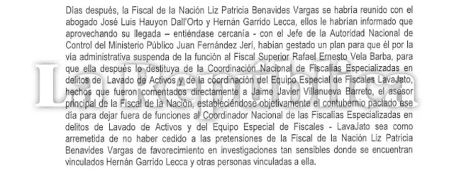 Reuniones de Patricia Benavides con Hernán Garrido Lecca y José Luis Hauyón para suspender y destituir al fiscal Rafael Vela.   