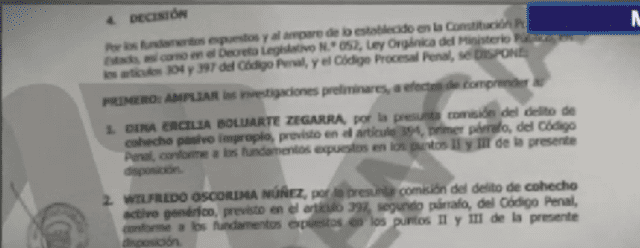 Documento fiscal en el que se presenta la ampliación de investigación contra Boluarte. Foto: captura de ATV   
