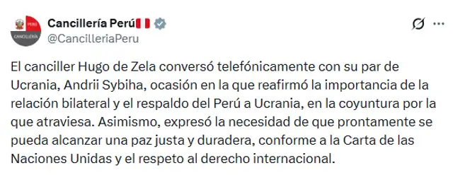 El canciller De Zela destaca en alcanzar una "paz justa y duradera" en Ucrania. Imagen: Cancillería de Perú El canciller De Zela destaca en alcanzar una "paz justa y duradera" en Ucrania. Imagen: Cancillería de Perú