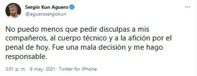 Sergio Agüero: post de perdón al pueblo del Manchester City