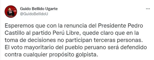 Bellido se pronunció tras la renuncia de Pedro Castillo a Pedrú Libre. Foto: Twitter de Guido Bellido