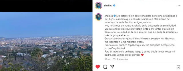 Shakira se despidió de Barcelona con una emotiva publicación en redes sociales. Foto: captura/Shakira/Instagram<br><br>    