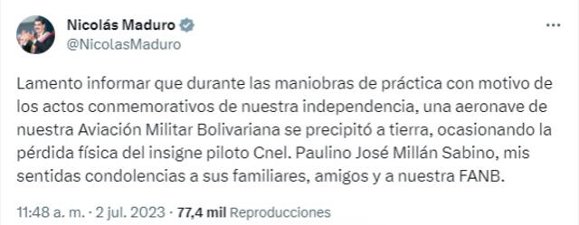 El presidente Maduro brinda sus condolencias a la familia, amigos y FANB por la pérdida de Paulino. Foto: Nicolás Maduro/Twitter