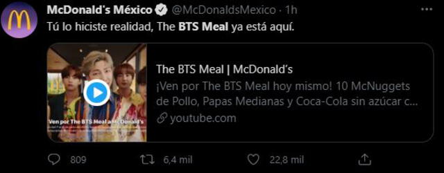Tuit de McDonald's México sobre el BTS Meal. Foto: captura Twitter