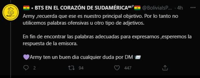 Post de Army Bolivia sobre el caso de discriminación en Radioplay. Foto: captura Twitter