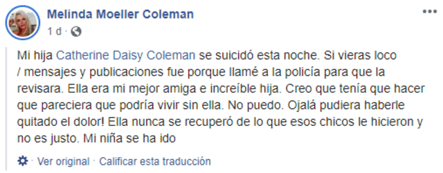 Madre de Daisy Coleman confirmó el suicidio. Foto: Captura Facebook.