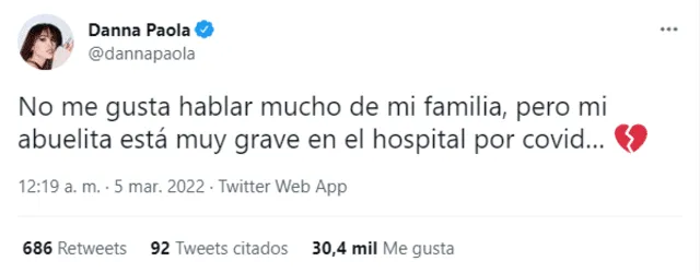 Danna Paola preocupa a sus seguidores con alarmante noticia sobre la salud de su abuela. Foto: Twitter