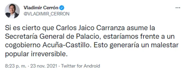 Vladimir Cerrón criticó el nombramiento del militante de Alianza para el Progreso (APP). Foto: @VLADIMIR_CERRON/Twitter