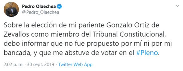 Captura tweet de Pedro Olechea.