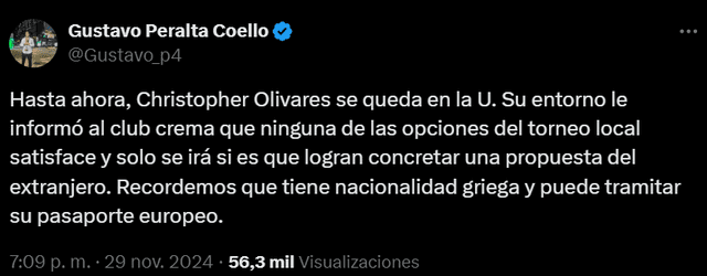  Christopher Olivares se quedaría en Universitario si no se concreta ninguna propuesta del exterior. Foto: captura de X/Gustavo Peralta   