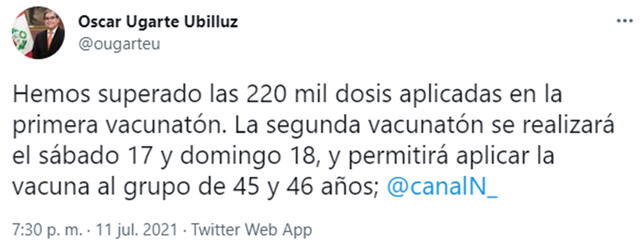 Mensaje del ministro Ugarte sobre la meta que alcanzaron en la primera vacunatón. Foto: Twitter