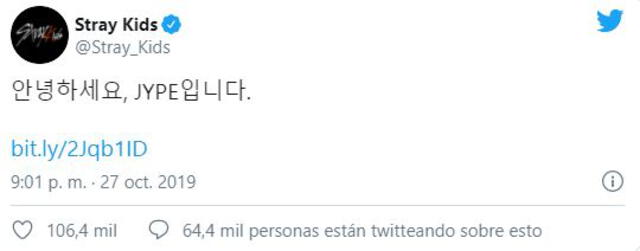 Tuit de JYP sobre la salida de Woojin de Stray Kids. Créditos: Captura Twitter