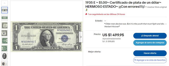  Página de EBay, en la que puedes encontrar este valioso billete de 1 dólar. Foto: EBay<br>    