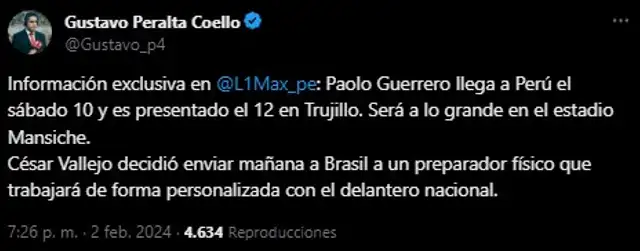 Tuit de Gustavo Peralta sobre Paolo Guerrero. Foto: captura de X   