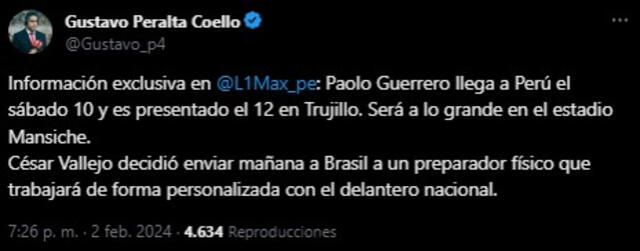 Tuit de Gustavo Peralta sobre Paolo Guerrero. Foto: captura de X   