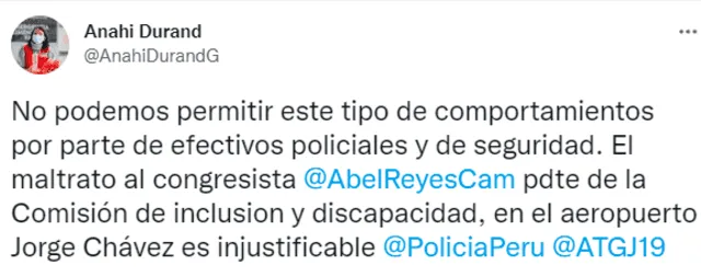 Tuit de Anahí Durand sobre Abel Reyes. Foto: captura de Twitter