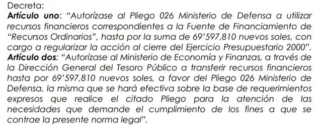 Parte del Decreto de Urgencia nº 081-2000 que Fujimori aprobó y permitió la entrega de US$15 millones al Vladimiro Montesinos. Captura.