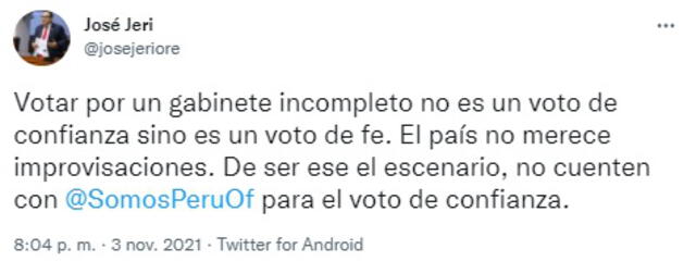 Para el parlamentario de Somos Perú, José Jerí, el Perú "no merece improvisaciones". Foto: captura Twitter