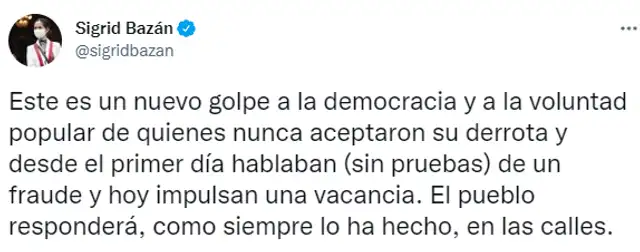 Sigrid Bazán sobre moción de vacancia: Es un nuevo golpe de quienes nunca aceptaron la derrota