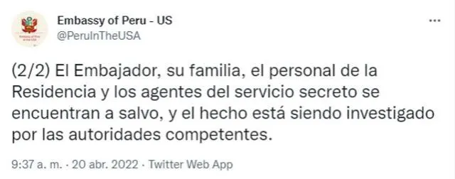 Comunicado de la embajada peruana en Estados Unidos. Foto: captura de Twitter