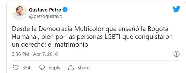 Petro celebró la legalización del matrimonio igualitario en 2016. Captura: Twitter