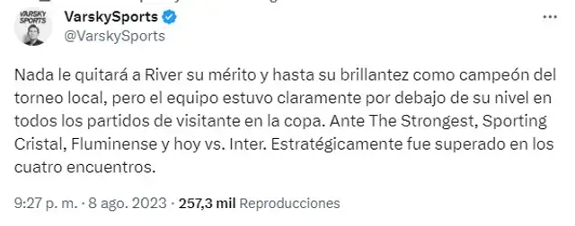 Comentario de Juan Pablo Varsky sobre River Plate. Foto: captura/@VarskySports/Twitter   
