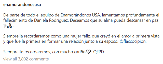 Enamorándonos USA comunicó el sensible fallecimiento de Daniela Rodríguez, hoy. Foto: captura Instagram