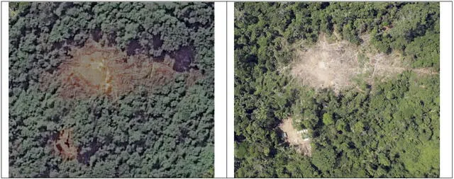 Leyenda: Imagen de alta resolución (50 cm) y fotografía aérea (6 cm de resolución) de un clareo para helipuerto y campamento temporal de la exploración sísmica. (Foto:Difusión)