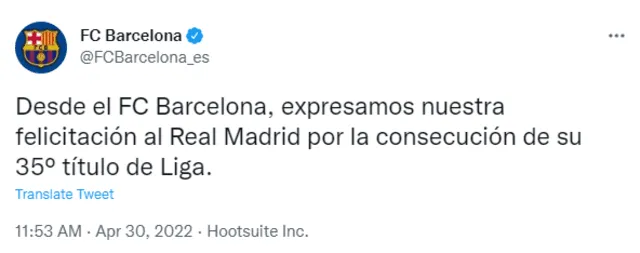 Tuit del FC Barcelona. Foto: Twitter