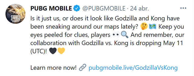 Anuncio sobre el lanzamiento del evento de Godzilla vs. Kong. Foto: Twitter/@PUBGMOBILE