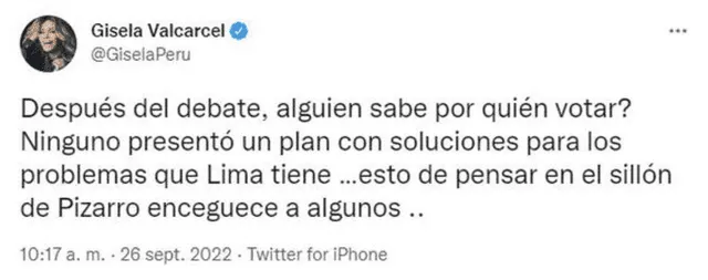 Gisela Valcárcel indignada con el debate municipal 2022: “Ninguno presentó un plan con soluciones”