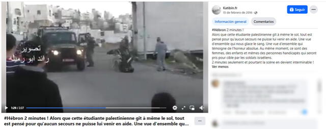  Una versión con mayor duración sobre el incidente entre un policía israelí y un palestino con silla de ruedas en 2016. Foto: captura en Facebook / Katibn.&nbsp;&nbsp;   