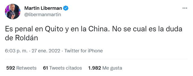 Así reaccionó el periodista argentina ante la revisión del penal en el VAR. Foto: Twitter Martin Liberman.